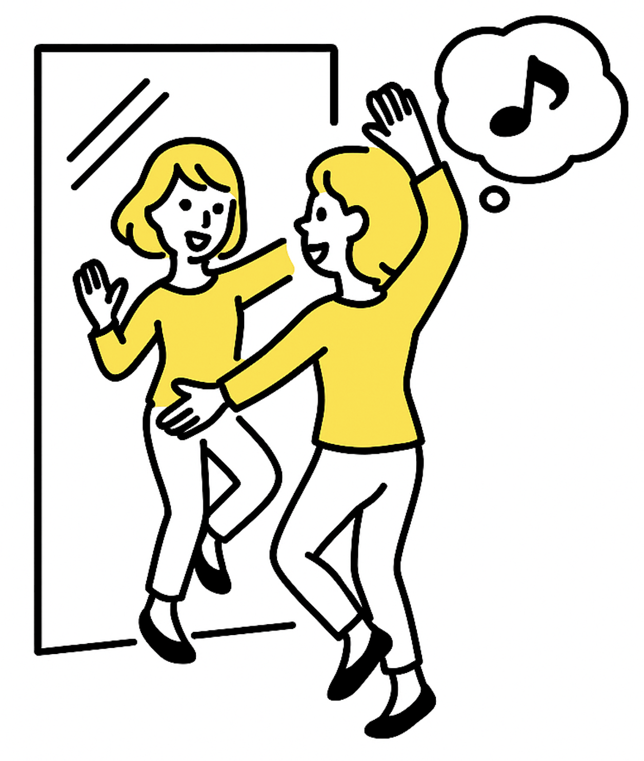 鏡の前で振付を考える女性のイラスト